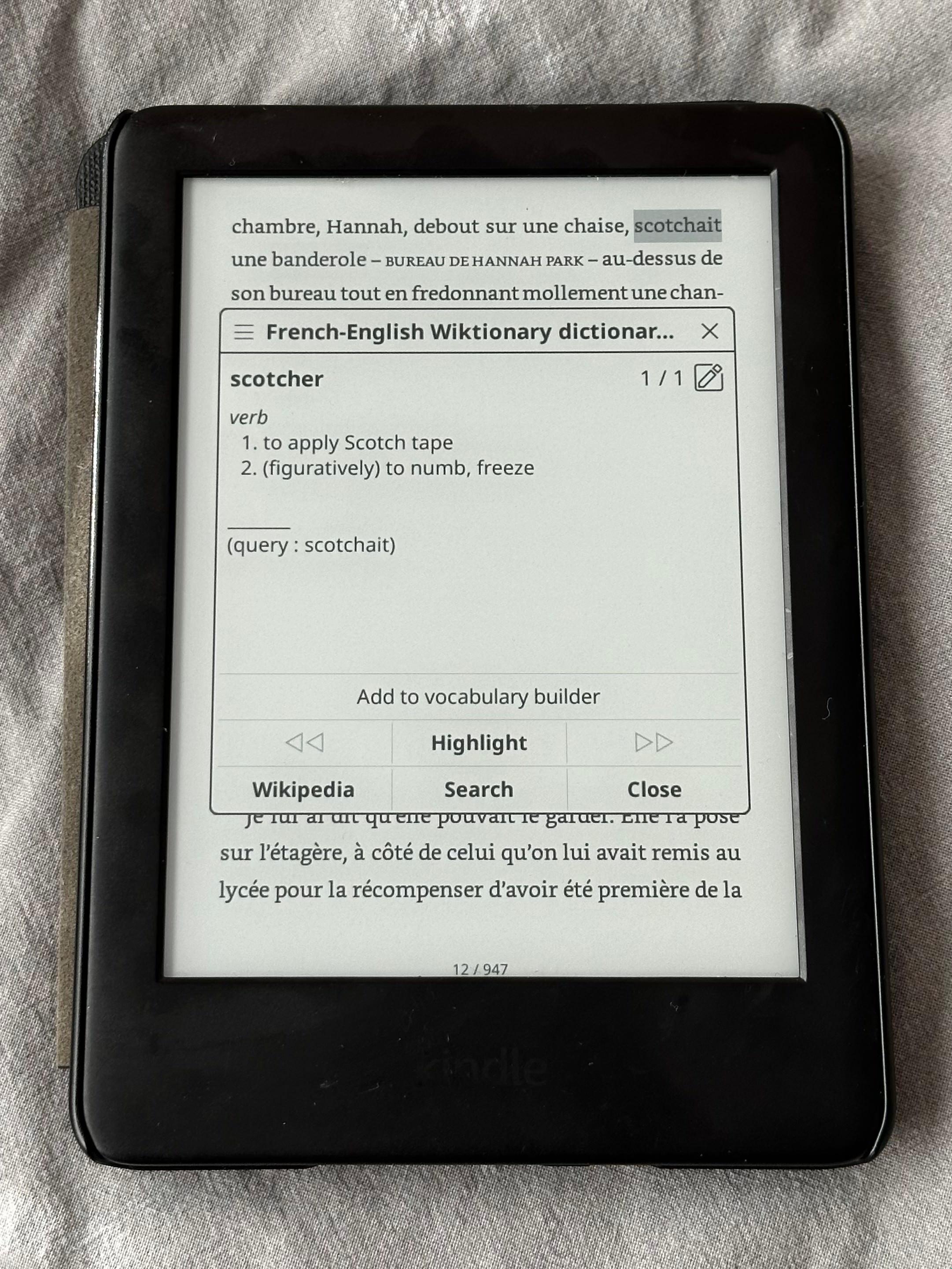 Image showing a Kindle open on a french translation of "The Idiot" by Elif Batuman. A word is highlighted to show off the dictionary functionality.