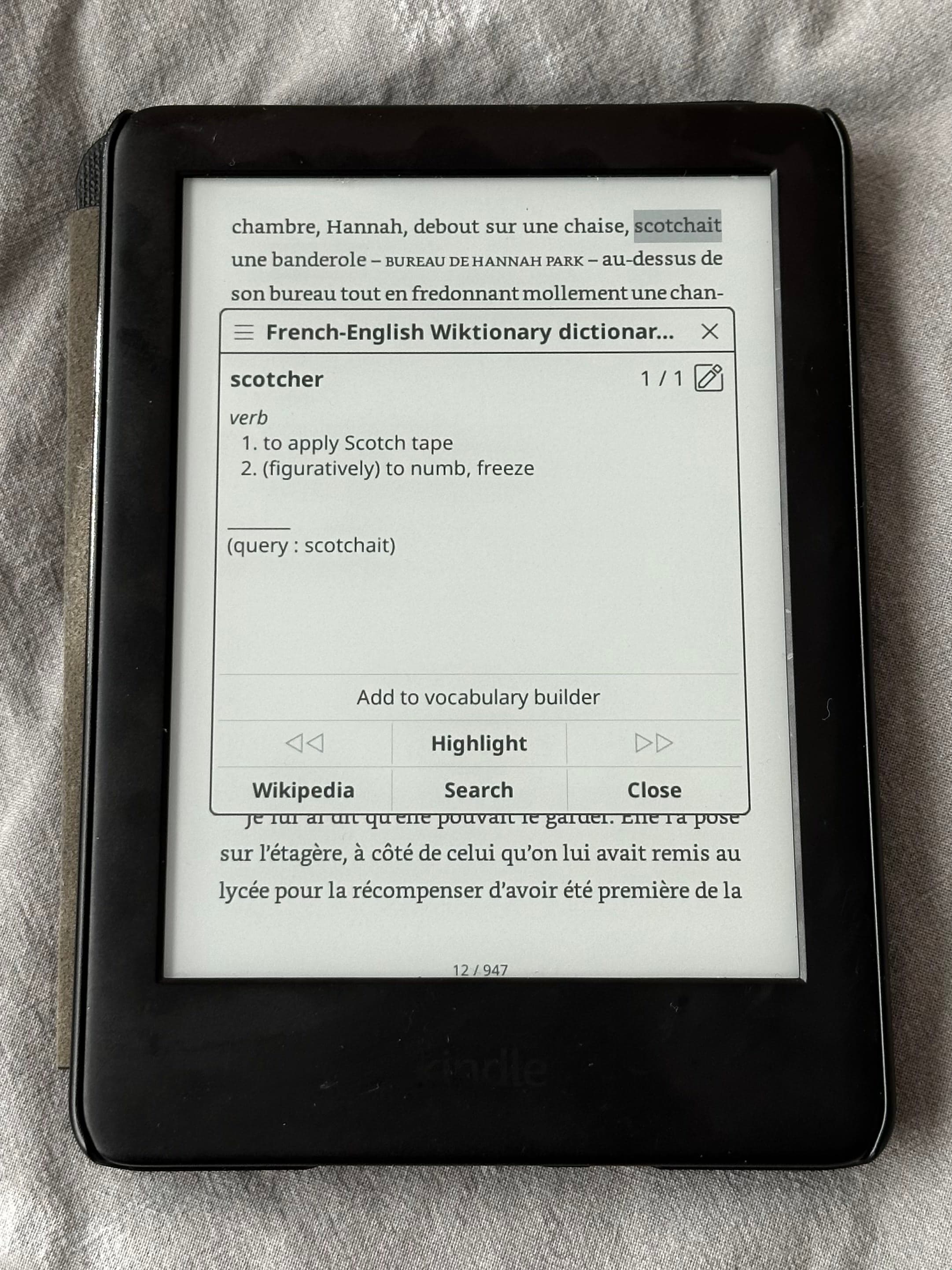An image showing a Kindle open on a french translation of "The Idiot" by Elif Batuman. A word is highlighted to show off the dictionary functionality.
