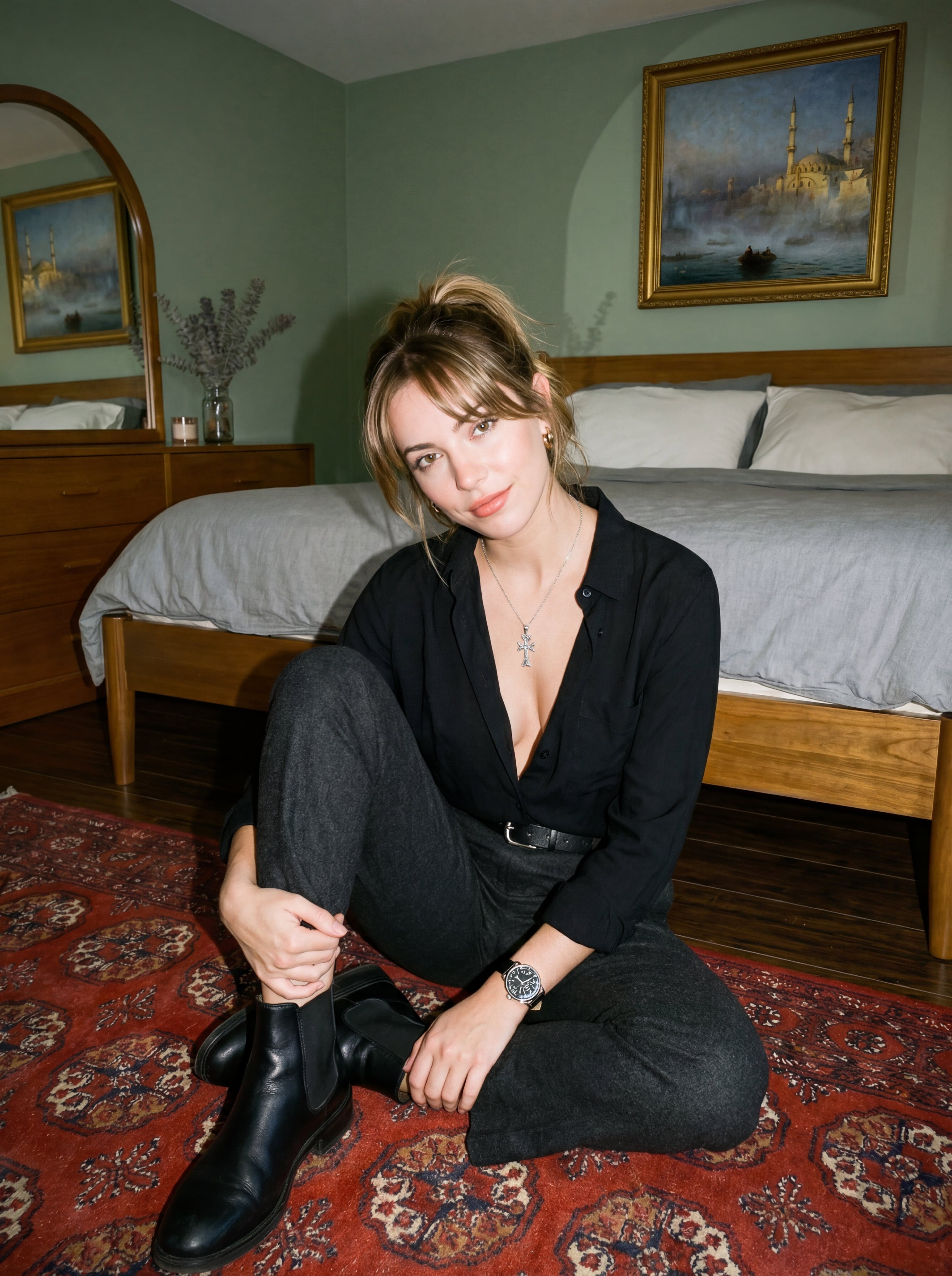 An AI-generated image of a woman in a bedroom