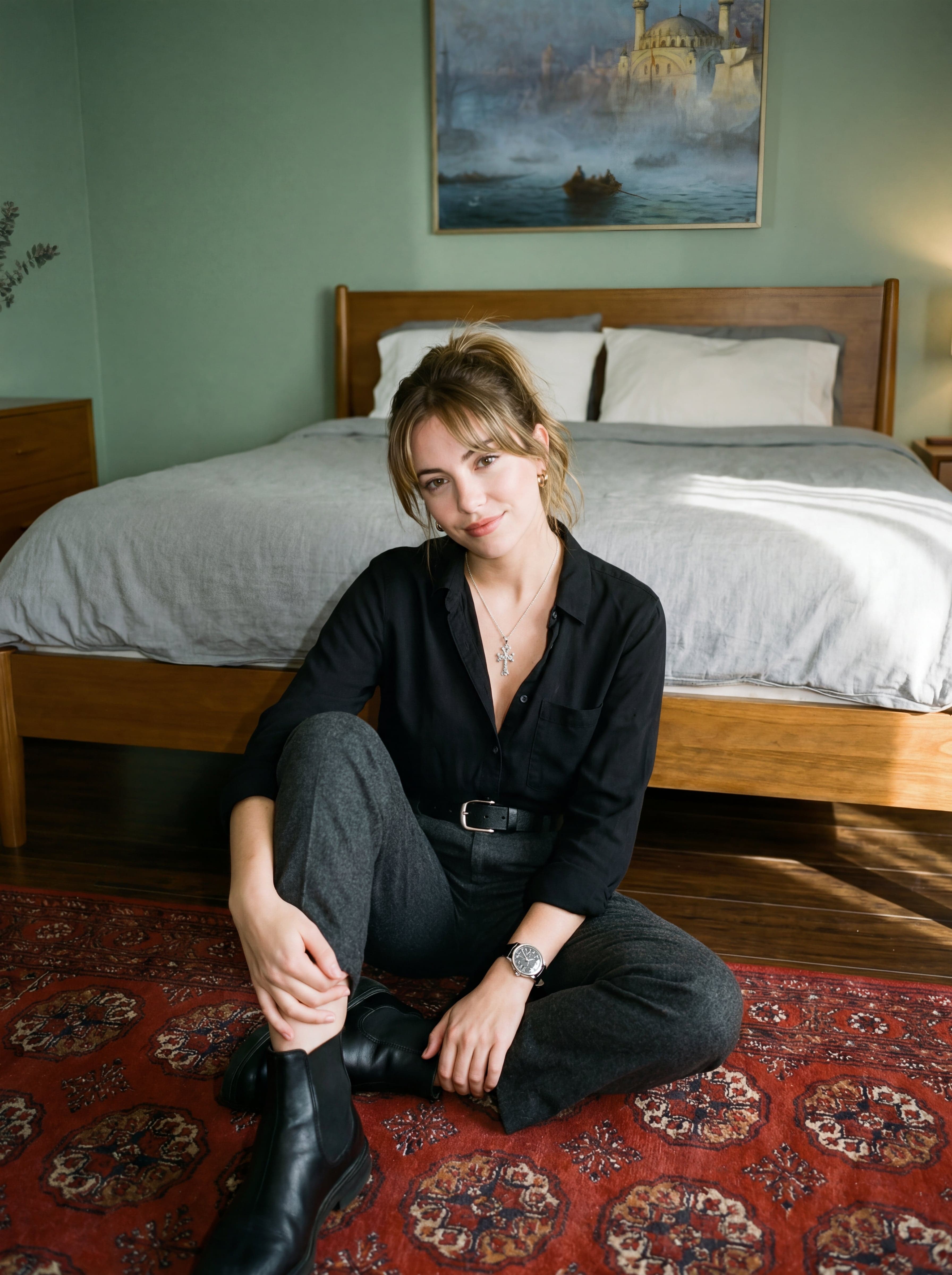An AI-generated image of a woman in a bedroom
