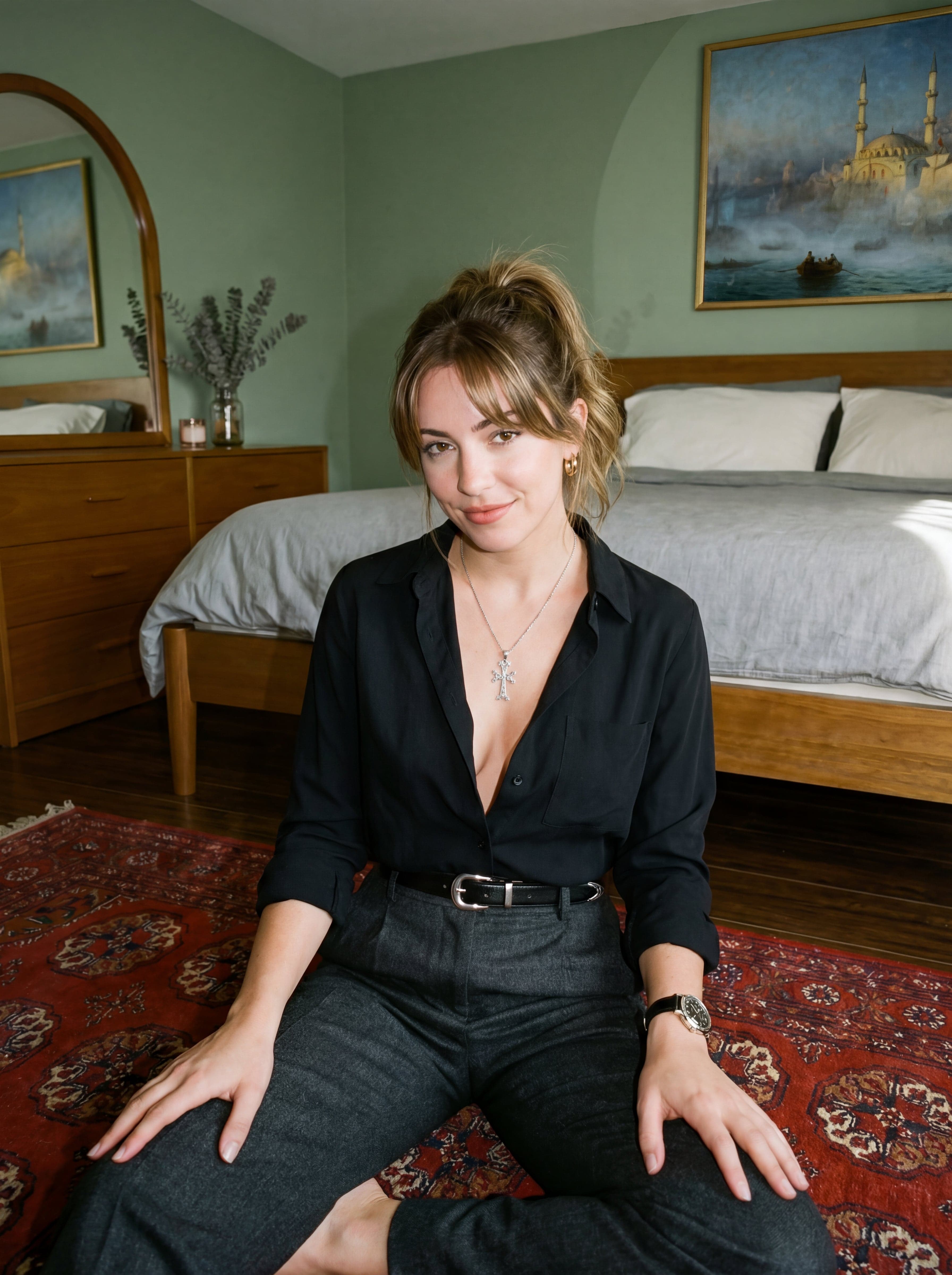 An AI-generated image of a woman in a bedroom