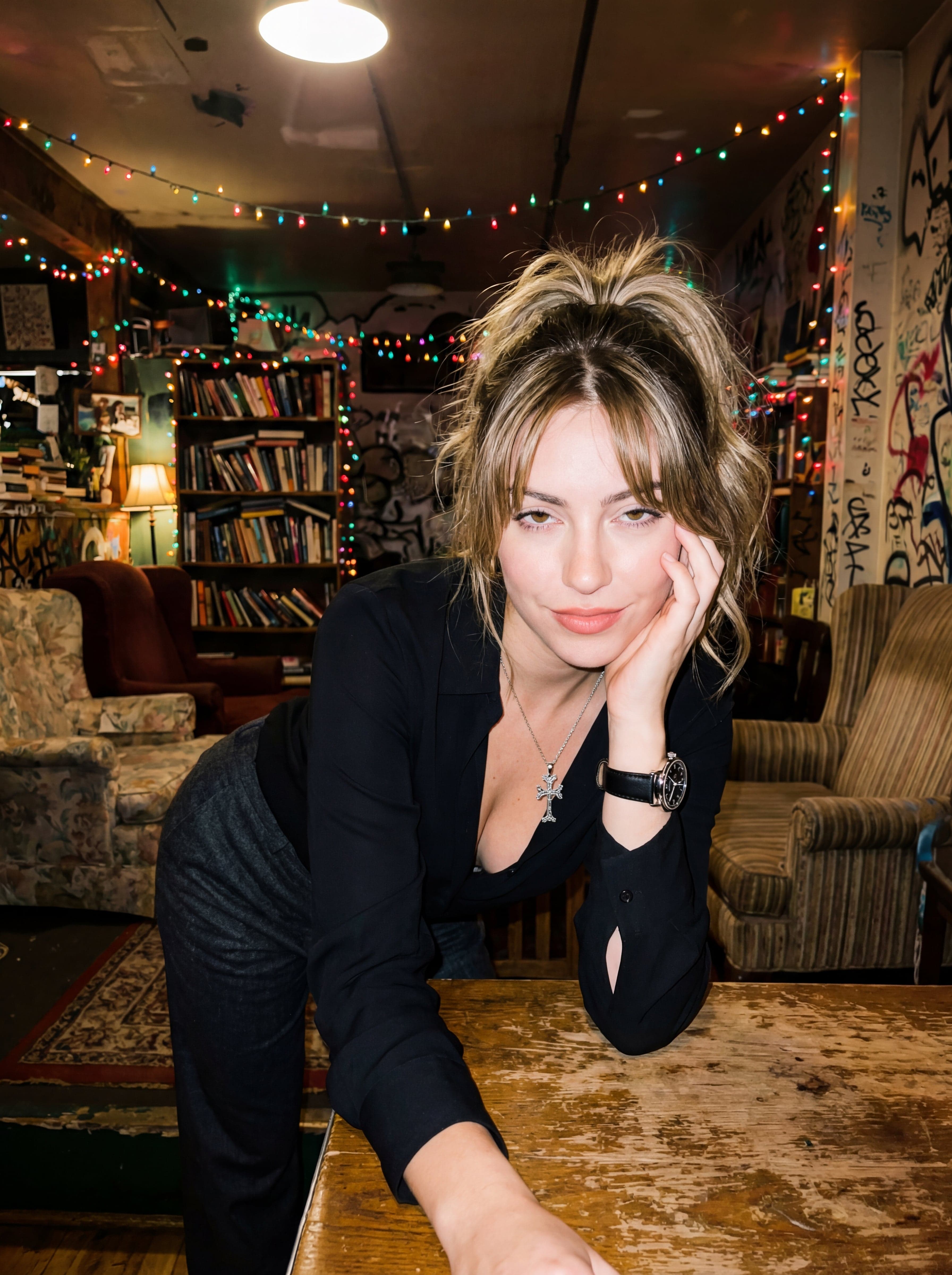 An AI-generated image of a woman in a dive bar